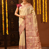 Gold With Contrast Red Zari Woven Pallu On Kanjivaram Silk Saree