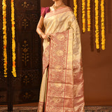 Gold With Contrast Red Zari Woven Pallu On Kanjivaram Silk Saree