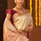 Gold With Contrast Red Zari Woven Pallu On Kanjivaram Silk Saree