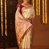 Gold With Contrast Red Zari Woven Pallu On Kanjivaram Silk Saree