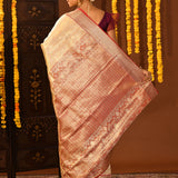 Gold With Contrast Red Zari Woven Pallu On Kanjivaram Silk Saree