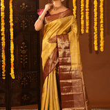 Mustard Gold With Contrast Maroon Zari Border Kanjivaram Silk Saree