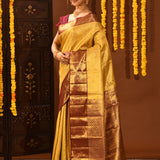 Mustard Gold With Contrast Maroon Zari Border Kanjivaram Silk Saree