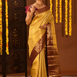 Mustard Gold With Contrast Maroon Zari Border Kanjivaram Silk Saree