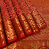 Crimson Red Kanjivaram Silk Saree With Gold Zari Jaal And Peacock Border