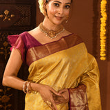 Mustard Gold With Contrast Maroon Zari Border Kanjivaram Silk Saree