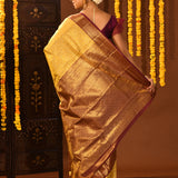 Mustard Gold With Contrast Maroon Zari Border Kanjivaram Silk Saree