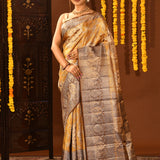 Mustard Gold Kanjivaram Silk Saree With Silver Zari Brocade Border
