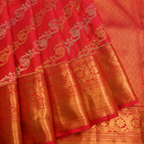 Cherry Red Kanjivaram Silk Saree With Gold Zari Diagonal Floral Creepers