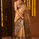 Mustard Gold Kanjivaram Silk Saree With Silver Zari Brocade Border