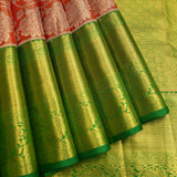 Coral & Emerald Kanjivaram Silk Saree With Silver Floral Jaal & Gold Zari Border