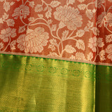 Coral & Emerald Kanjivaram Silk Saree With Silver Floral Jaal & Gold Zari Border