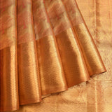 Peach Tissue Kanjivaram Silk Saree With Red Floral Tree Buttas & Antique Gold Zari Pallu
