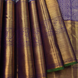 Teal & Royal Purple Kanjivaram Silk Saree With Silver Floral Jaal Body & Gold Yazhi Border