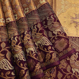 Antique Gold Kanjivaram Silk Saree With Multicolour Floral Jaal & Deep Burgundy Botanical Pallu