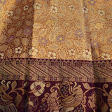 Antique Gold Kanjivaram Silk Saree With Multicolour Floral Jaal & Deep Burgundy Botanical Pallu