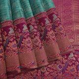 Teal & Magenta Kanjivaram Silk Saree With Gold Checks, Floral Buttas & Peacock Border