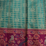 Teal & Magenta Kanjivaram Silk Saree With Gold Checks, Floral Buttas & Peacock Border