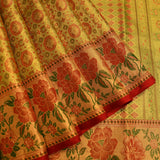 Lime Gold Kanjivaram Silk Saree With Red Medallion Jaal Body & Grand Peony Floral Pallu