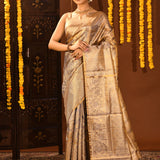 Metallic Grey With Gold Zari Weaving In Kanjivaram Tissue Silk Saree