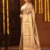 Metallic Grey With Gold Zari Weaving In Kanjivaram Tissue Silk Saree