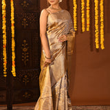 Metallic Grey With Gold Zari Weaving In Kanjivaram Tissue Silk Saree