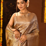 Metallic Grey With Gold Zari Weaving In Kanjivaram Tissue Silk Saree