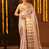 Champagne With Silver Floral Jaal And Gold Diagonal Pallu On Kanjivaram Silk Saree
