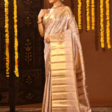 Champagne With Silver Floral Jaal And Gold Diagonal Pallu On Kanjivaram Silk Saree