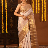 Champagne With Silver Floral Jaal And Gold Diagonal Pallu On Kanjivaram Silk Saree