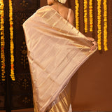 Champagne With Silver Floral Jaal And Gold Diagonal Pallu On Kanjivaram Silk Saree