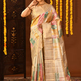 Gold With Multicolour Pastel Rangkat Patchwork Weaving On Kanjivaram Silk Saree