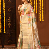 Gold With Multicolour Pastel Rangkat Patchwork Weaving On Kanjivaram Silk Saree