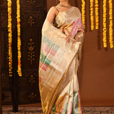 Gold With Multicolour Pastel Rangkat Patchwork Weaving On Kanjivaram Silk Saree