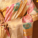Gold With Multicolour Pastel Rangkat Patchwork Weaving On Kanjivaram Silk Saree