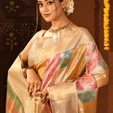 Gold With Multicolour Pastel Rangkat Patchwork Weaving On Kanjivaram Silk Saree