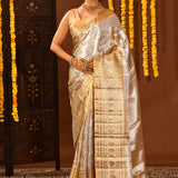Silver With Dual-Tone Gold Zari Pallu On Kanjivaram Silk Saree
