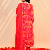 Bright Red Georgette Floral Kurta Set