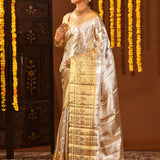 Silver With Dual-Tone Gold Zari Pallu On Kanjivaram Silk Saree