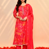 Bright Red Georgette Floral Kurta Set