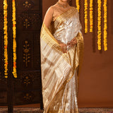 Silver With Dual-Tone Gold Zari Pallu On Kanjivaram Silk Saree