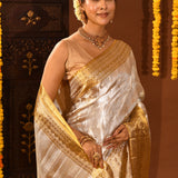 Silver With Dual-Tone Gold Zari Pallu On Kanjivaram Silk Saree