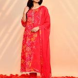 Bright Red Georgette Floral Kurta Set