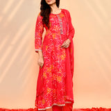 Bright Red Georgette Floral Kurta Set