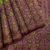 Parrot Green & Royal Purple Kanjivaram Silk Saree With Floral Jaal Body & Kalash Motif Pallu