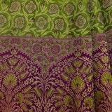 Parrot Green & Royal Purple Kanjivaram Silk Saree With Floral Jaal Body & Kalash Motif Pallu