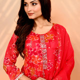 Bright Red Georgette Floral Kurta Set