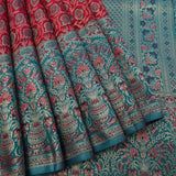 Crimson Red & Teal Kanjivaram Silk Saree With All-Over Floral Jaal & Grand Kalash Pallu