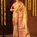 Golden Metallic With Pink Contrast Zari Border In Kanjivaram Tissue Silk Saree
