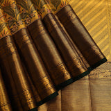 Golden Yellow Kanjivaram Silk Saree With Tropical Leaf Floral Jaal & Dark Forest Green Zari Border
